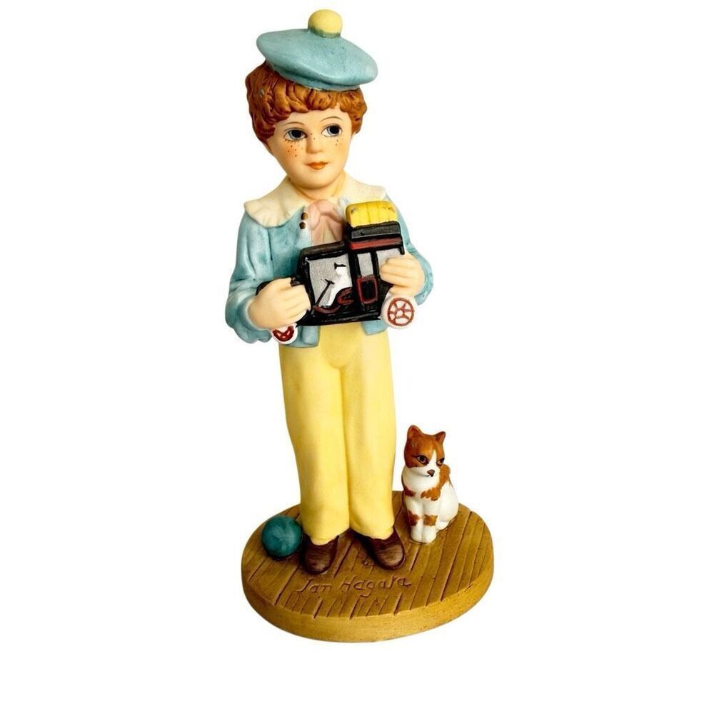 Vintage 1987 Jan Hagara Ltd Ed Boy With Toy Wagon & Cat Figurine Royal Orleans